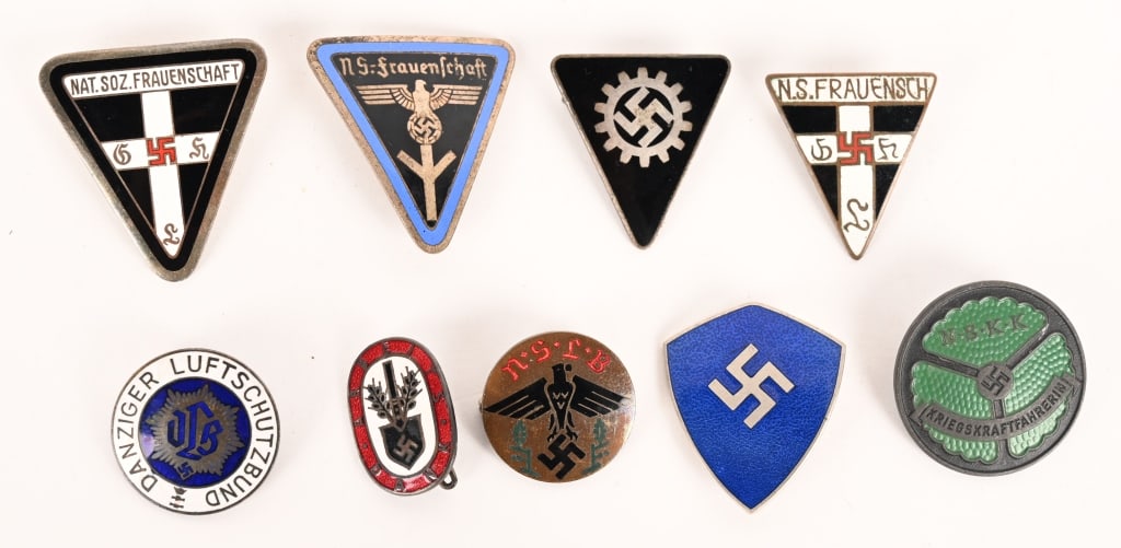 WWII NAZI GERMAN BADGE LOT NSKK RLB SWEDEN NSDAP: Lot of WWII Nazi German Pins to include 1) SWEDEN NATIONAL SOCIALIST WORKERS PARTY LEADER'S BADGE. Constructed of silvered bronze with enamels, the obverse consisting of a blue enameled shield bearing