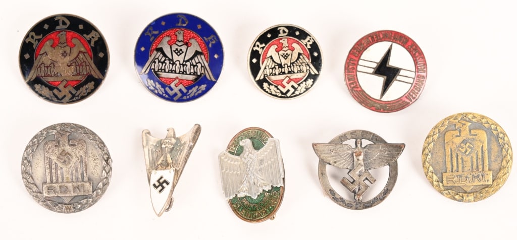 WWII NAZI GERMAN MEMBERSHIP BADGE LOT RDK NSFK WW2: Lot of WWII Nazi German Membership Badge lot to include 1) LOYALTY BADGE OF THE AVIATION OPERATING ASSOCIATIONS BADGE. Treuewerkabzeichen der Betriebsgemeinschaften der Luftfarht. This badge was award