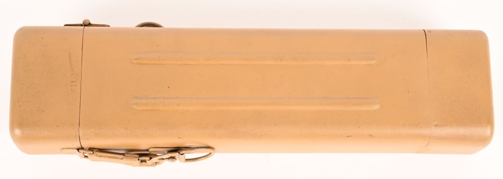 WWII NAZI SNIPER SCOPE CASE 98K HIGH TURRET WW2: Original steel storage can for sniper scope, marked on the lid with a maker's code "jvb" and faint eagle proof. 95% original ordnance tan paint with surface rusting in the areas of loss. Retains the o