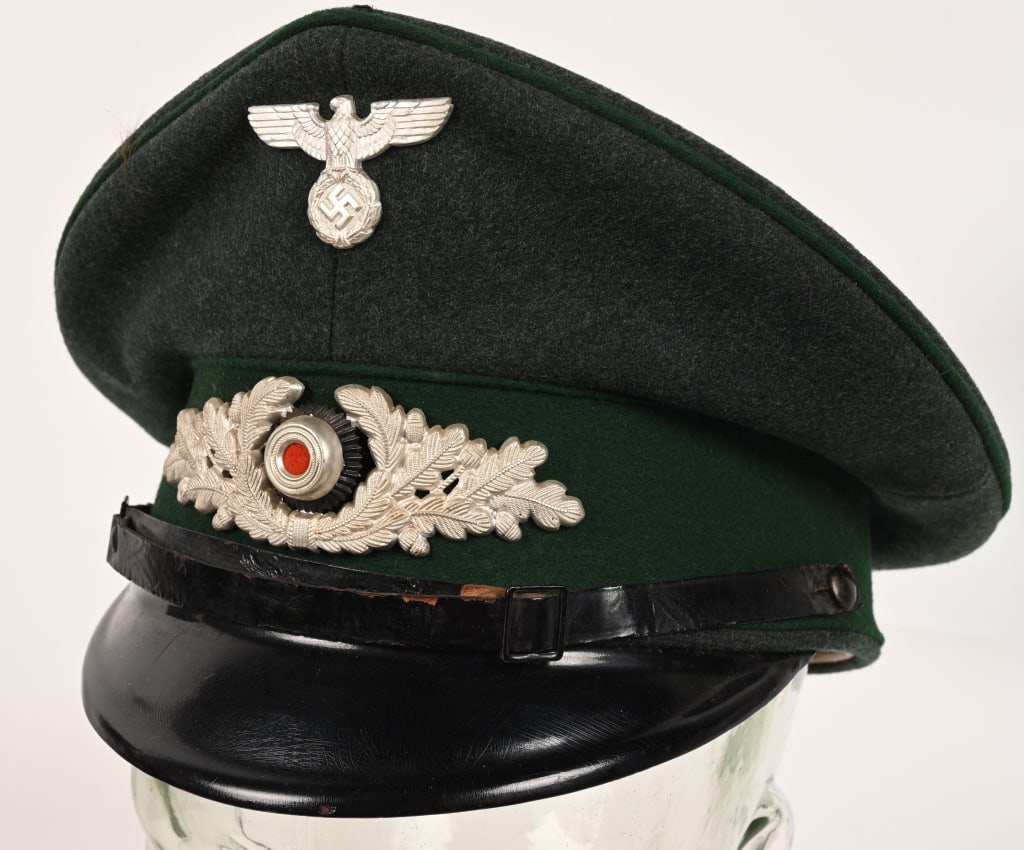 WWII NAZI GERMAN FORESTRY OFFICER VISOR CAP WW2: Private purchase, gray/green wool construction cap with medium green wool centerband and piping to crown edge and top of centerband. Front center of the cap has a stamped alloy national eagle. Front c