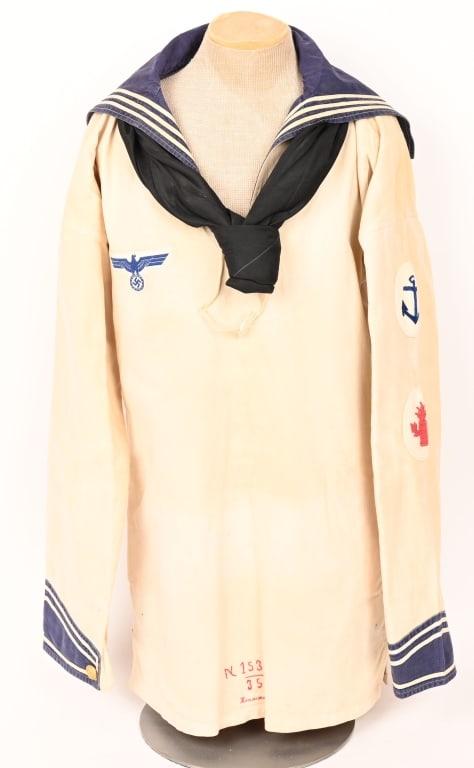 WWII NAZI GERMAN KRIEGSMARINE WHITE JUMPER JACKET: Standard issue, mid-weight, brushed, white cotton construction, pullover style, jumper shirt features a central, vertical, V-neck slash opening with dual, white, cotton tie tapes and an integral, fold