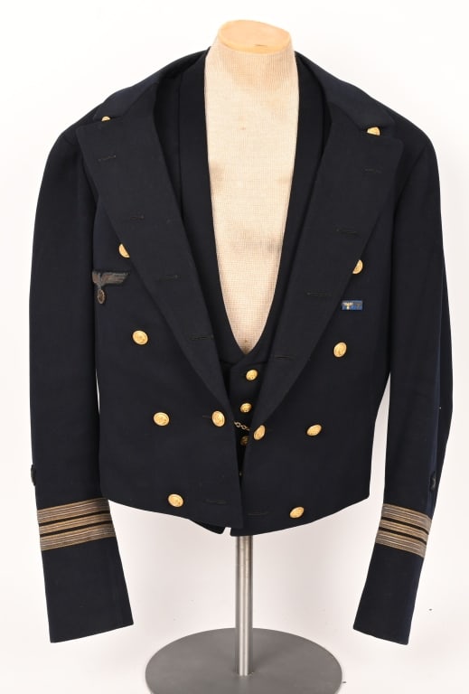 WWII KRIEGSMARINE KAPITÄNLEUTNANT'S JACKET & VEST: This is a tailor made named, German WWII Kriegsmarine Navy evening dress jacket for the senior line officer rank of Kapitänleutnant. The short jacket for evening dress, often called the Affenjack