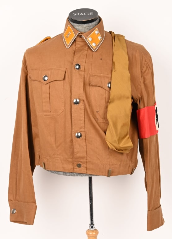 WWII NAZI GERMAN SA STURMBANNFÜHRER BROWNSHIRT WW2: WWII Nazi German SA Group Sudwest Sturmbannführer Brownshirt with a single epaulette, entwined 'old silver' braids, on a sun yellow wool base. The SA brown shirt collar patch insignia includes th