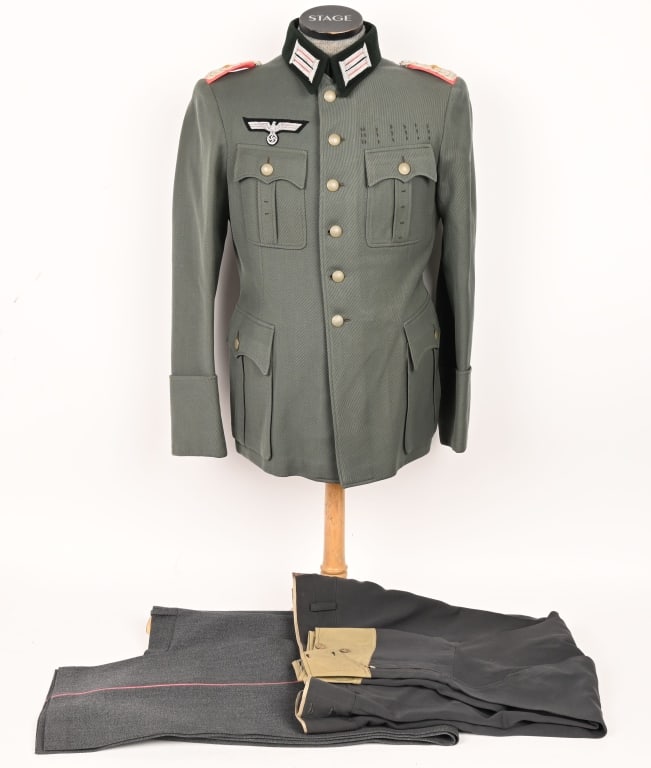 WWII NAZI GERMAN PANZER OFFICER M36 UNIFORM WW2: Nice quality, private purchase, field-gray wool/rayon blend construction tunic. The tunic features a vertical, six button front closure with dual metal hooks and eyes at the neck. The tunic has four,