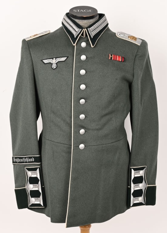 WWII GROßDEUTSCHLAND INFANTRY WAFFENROCK TUNIC: High quality, private purchase, field-gray wool/tricot blend construction M35 dress Waffenrock tunic features a vertical, eight button front closure with dual metal hooks and eyes positioned at the