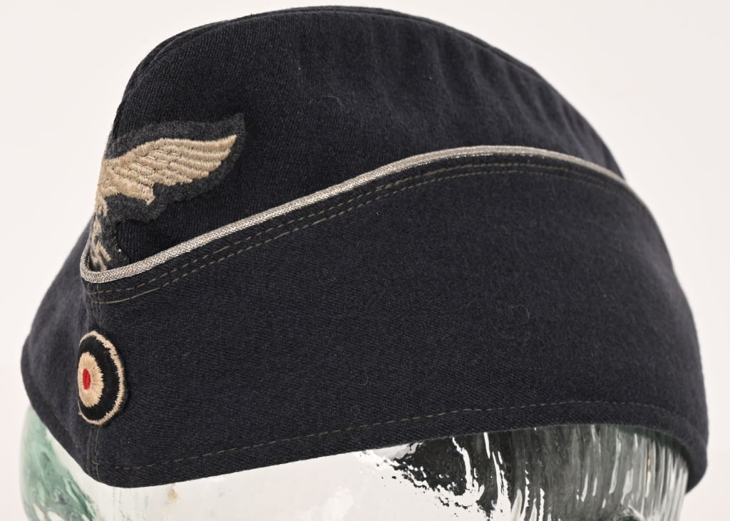 WWII NAZI GERMAN OFFICERS LUFTWAFFE OVERSEAS CAP: Nice quality, private purchase, Luftwaffe blue/gray, wool/rayon blend construction cap with a subtle whipcord weave features fold down side and back panels with gently sloping, downward scallops to th
