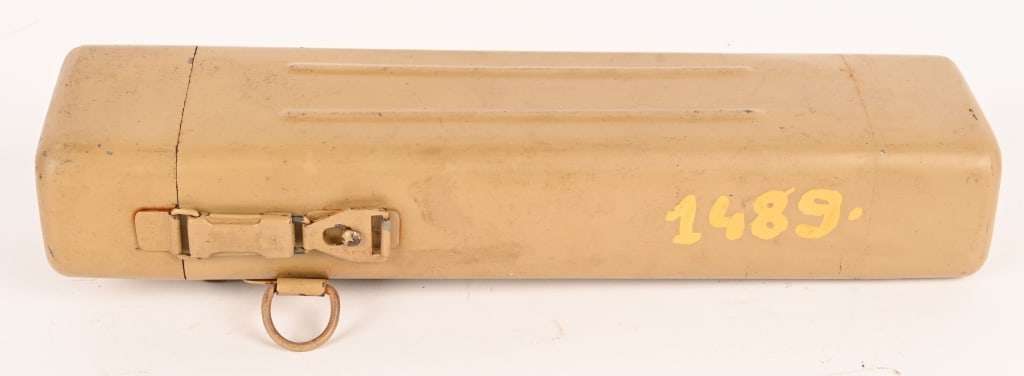 WWII NAZI SNIPER SCOPE CASE 98K HIGH TURRET WW2: Original steel storage can for sniper scope, marked on the lid with a maker's code "jvb" and faint eagle proof. 95% original ordnance tan paint with surface rusting in the areas of loss. Retains the o