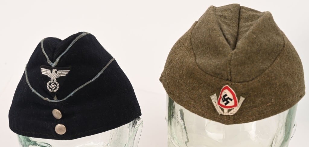 WWII NAZI GERMAN RAD EM/NCO'S OVERSEAS CAP LOT: Lot of two, RAD & DAF Overseas Caps to include 1) WWII NAZI GERMAN RAD EM/NCO'S OVERSEAS CAP WW2. 1938 dated earth brown wool overseas cap with simulated fold-down side panels. Machine woven RAD enlis