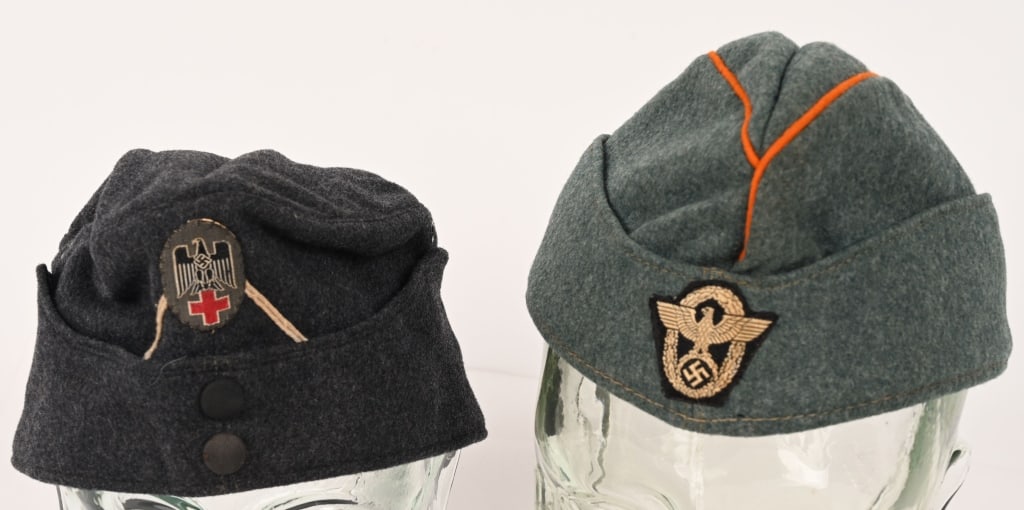WWII NAZI GERMAN OVERSEAS CAP LOT DRK POLICE WW2: Lot of two Nazi German Overseas Caps to include 1) GENDARMERIE ENLISTED OVERSEAS CAP. Nice quality, field gray, wool/rayon blend construction overseas cap features simulated fold down side and back pa