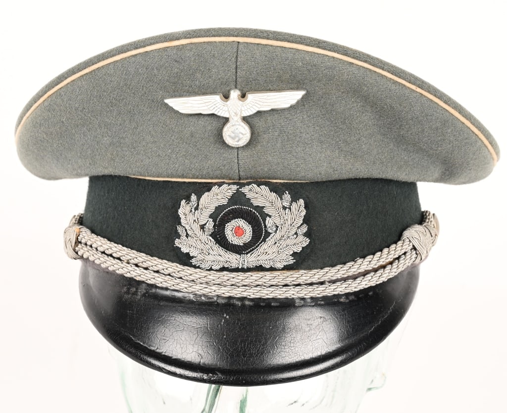 NAZI GERMAN WWII ARMY INFANTRY OFFICERS VISOR CAP: Nice quality visor cap with a field-gray wool/rayon blend body and crown with a whipcord weave and a blue/green badge cloth centerband with white wool waffenfarbe piping to the crown edge and both the