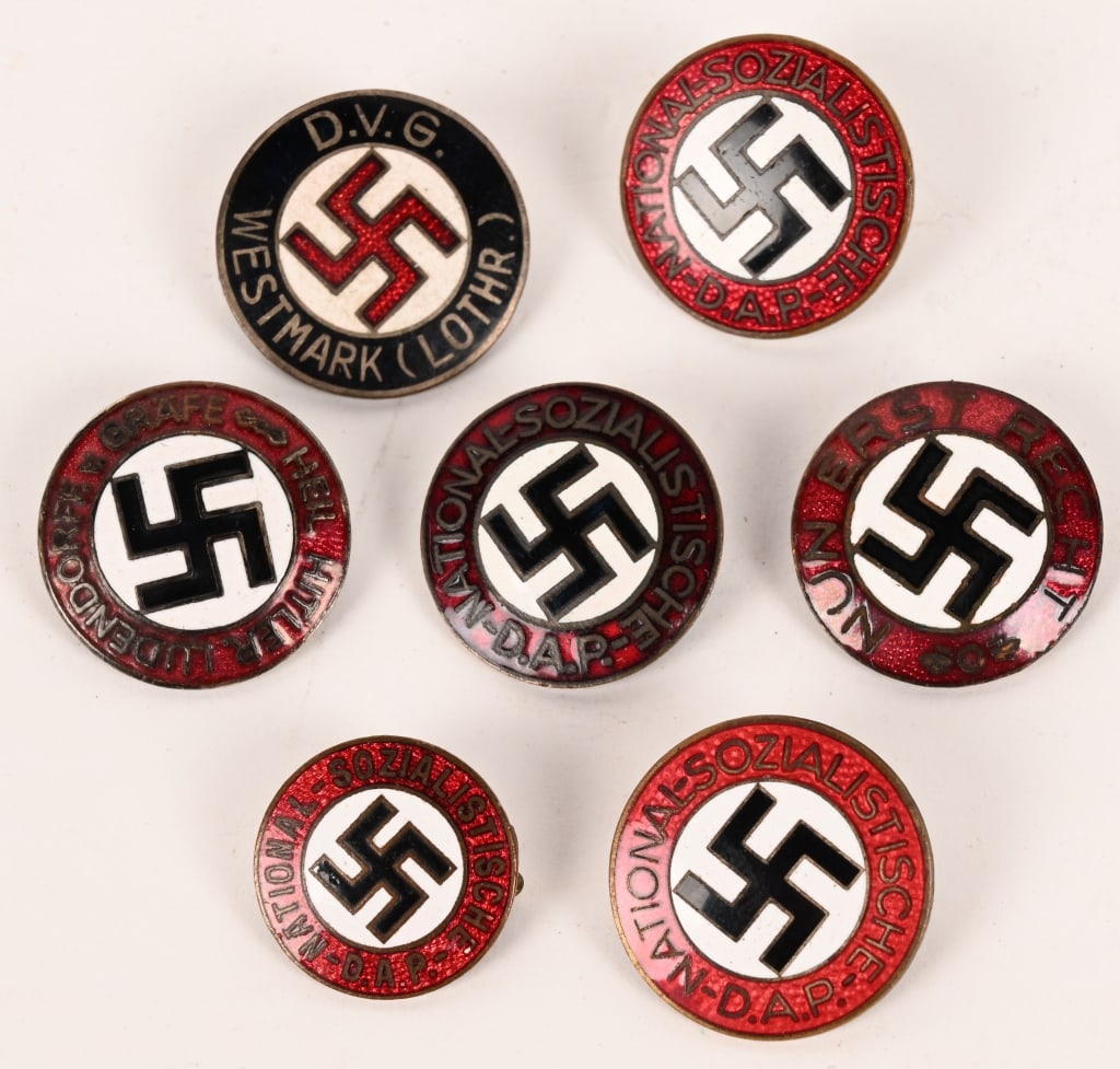 WWII NAZI GERMAN NSDAP MEMBERSHIP BADGE LOT WW2: Lot of 7 WWII Nazi German Party Badges to include 1) NSDAP MEMBERSHIP BADGE 16mm. Standard issue membership badge awarded to all personnel on acceptance as an official party member. 16mm diameter, die