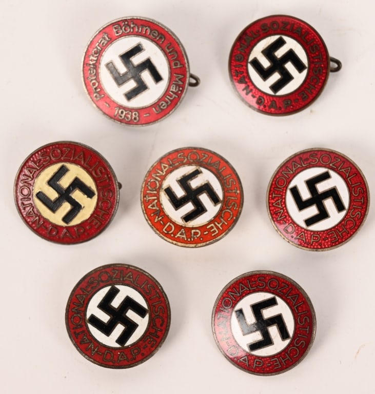WWII NAZI GERMAN NSDAP MEMBERSHIP BADGE LOT WW2: Lot of 6 WWII Nazi German Party Badges to include 1) NSDAP BUTTONHOLE PARTY BADGE M1/163. A buttonhole variation - Nationalsozialistische Parteiabzeichen by RZM M1/163 - Franz Schmidt of Gablonz am N.