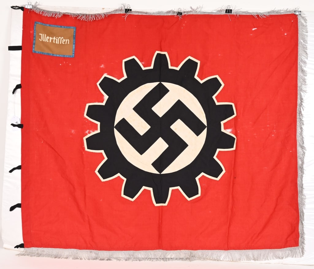 WWII NAZI GERMAN DAF ILLERTISSEN TOWN FLAG WW2: Two sided multi piece construction wool DAF flag for Illertissen embroidered on wool panel with embroidery border. Three sided aluminum fringe is intact with no fringe missing. Flag measures 53.5" x 4