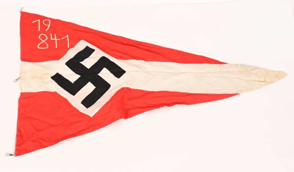 WWII NAZI GERMAN HITLER YOUTH PENNANT - FLAG: Two sided multi piece construction Hitler youth HJ pennant with embroidered group number 19 - 841. 23" x 35". A few small stains but no holes or tears. Excellent.