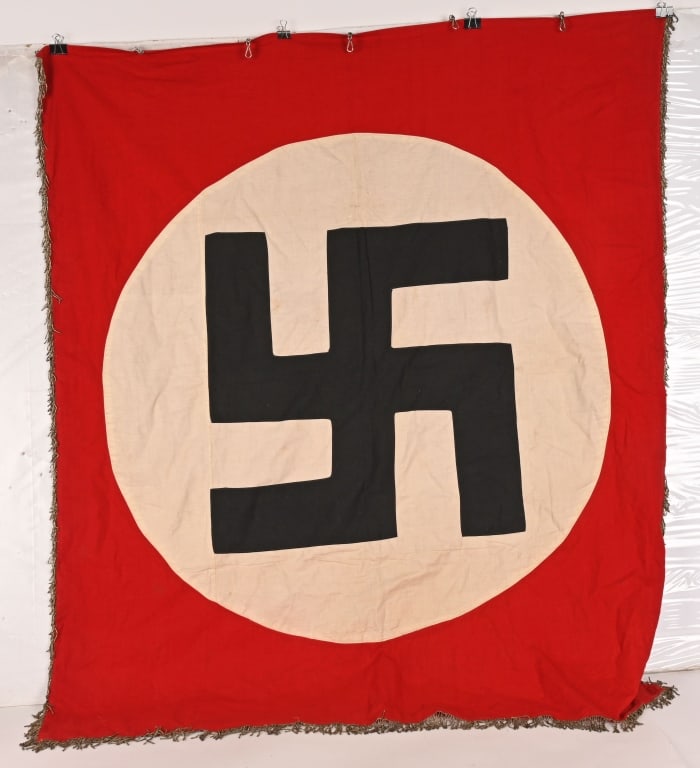 WWII NAZI GERMAN NSDAP FLAG W BULLION FRINGE WW2: WWII Nazi German flag with silver bullion fringe. Measures 46 inches X 54 inches showing minimal wear into the body of the flag. The double-sided, multi-piece cotton construction flag, trimmed to all