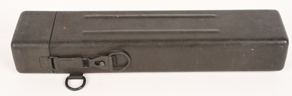 WWII NAZI SNIPER SCOPE CASE 98K HIGH TURRET WW2: Original steel storage can for sniper scope, marked on the lid with a maker's code "jvb" and faint eagle proof. 90% original field green paint with surface rusting in the areas of loss. Lid clasp work