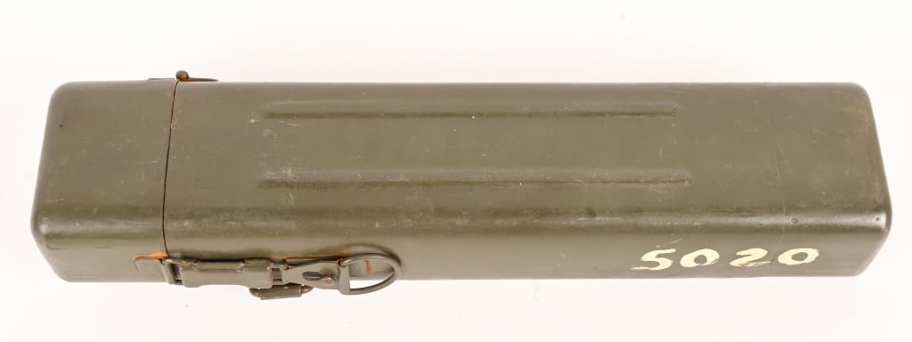 WWII NAZI SNIPER SCOPE CASE 98K HIGH TURRET WW2: Original steel storage can for sniper scope, marked on the lid with a maker's code "jvb" and faint eagle proof. 90% original field green paint with surface rusting in the areas of loss. Retains the or