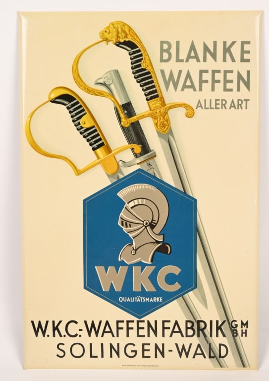 WWII NAZI GERMAN WKC METAL WINDOW SIGN: This is a very nice Window Advertisement sign, used by retailers carrying edged weapons made by the Legendary W.K.C. Waffenfabrik (Weapons Factory), otherwise known as Weyersberg Kirschbaum & Cie. The