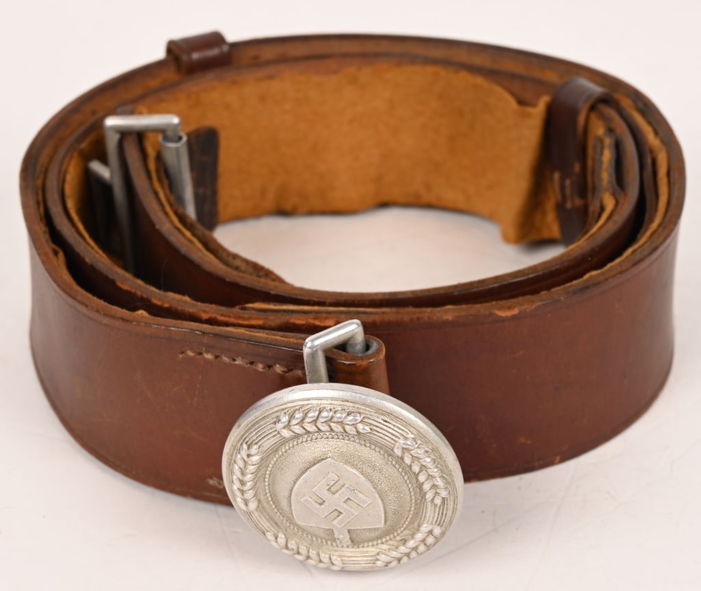 WWII NAZI RAD OFFICER'S LEATHER BELT & BELT BUCKLE: Roughly 43mm wide and 100cm long leather belt. Belt has two vertical keepers, one on either side of the buckle. One end of the belt is folded over and stitched to retain the open rectangular alum