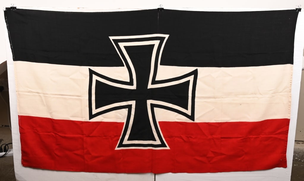 WEIMAR GERMAN WAR ENSIGN FLAG 1933-1935: A very short lived Standart or Kriegsschiffsgösch for the Weimar period of Germany, This War Ensign measures 40 X 68 inches. Even though this wool flag shows a lot of wear to the buntin