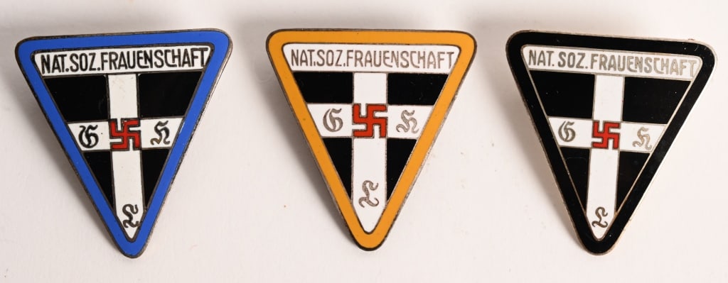 WWII NAZI GERMAN N.S. FRAUENSCHAFT BADGE LOT REICH: Lot of three, Badges of the Frauenschaft to include 1) WWII German Nazi First Pattern Reichs Level Nat.Soz. Frauenschaft Badge RZM 1/73 Mitgliedabzeichen. An alloy and enamel badge in the