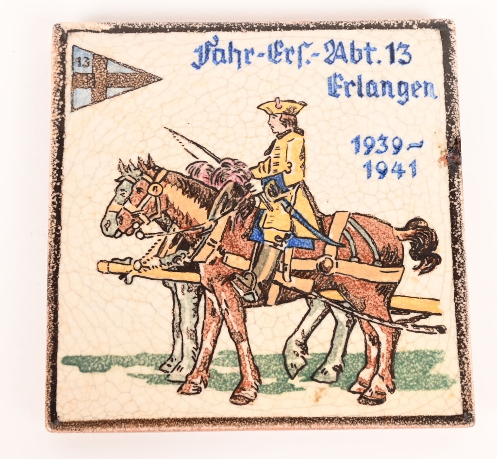 WWII NAZI GERMAN REGIMENTAL CERAMIC TILE WW2: WWII Nazi German Regimental Ceramic Tile showing the banner of the Fahr Ersatz Abteilung 13 Erlangen Driver Replacement Unit 13 Erlangen Unit. The tile measures 5 1/4 X 5 1/4 inches showing crazing th