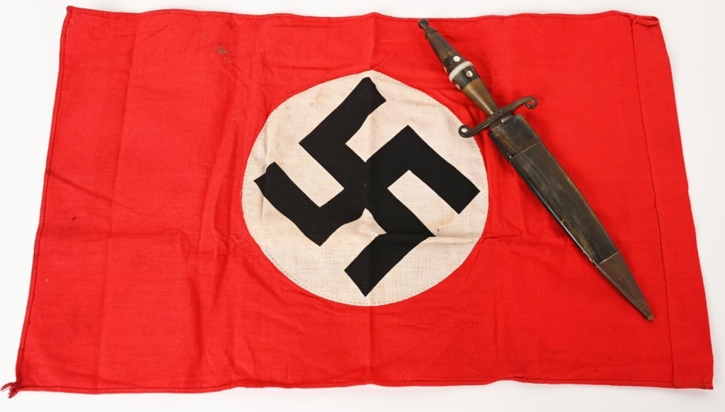 WWII NAZI GERMAN FLAG THEATER MADE KNIFE LOT WW2: Lot of Military to include 1) Small Theater Made Fighting Knife with a 6 3/4 stiletto unmarked blade with ornate brass with inlay Mother of Pearl Grip Comes with a Horn scabbard with Brass l