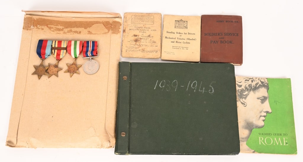 WWII BRITISH PHOTO ALBUM W MONTGOMERY SIGNATURE: A very nice set from a British Driver who served with the 8th Army. The items included are 1) PHOTO ALBUM WITH SIGNATURE OF FIELD MARSHAL BERNARD LAW MONTGOMERY VISCOUNT MONTGOMERY OF ALAMEIN. The alb