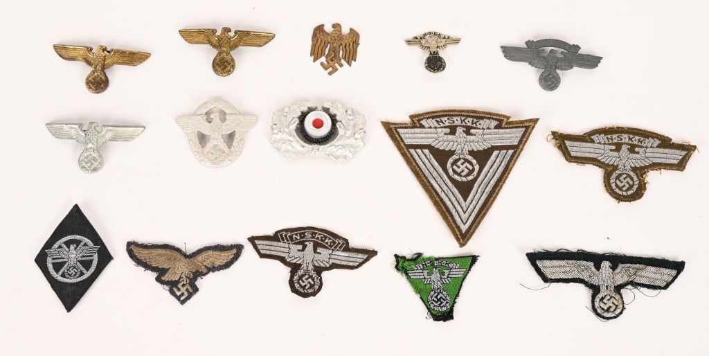 WWII NAZI GERMAN INSIGNIA LOT NSKK HEER LUFTWAFFE: WWII Nazi German insignia lot to include 1) POLIZEI VISOR CAP EAGLE. Second pattern, police cap eagle as introduced on June 25TH 1936 to replace the earlier, (Circa April 1934-June 1936), first patter
