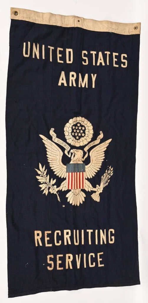 WWII UNITED STATES ARMY RECRUITING SERVICE FLAG: Attractive, wool, WWII US Army Recruiting Service Flag measuring 28 X 54 inches and is made of multi piece construction. Does show some moth damage. Excellent.