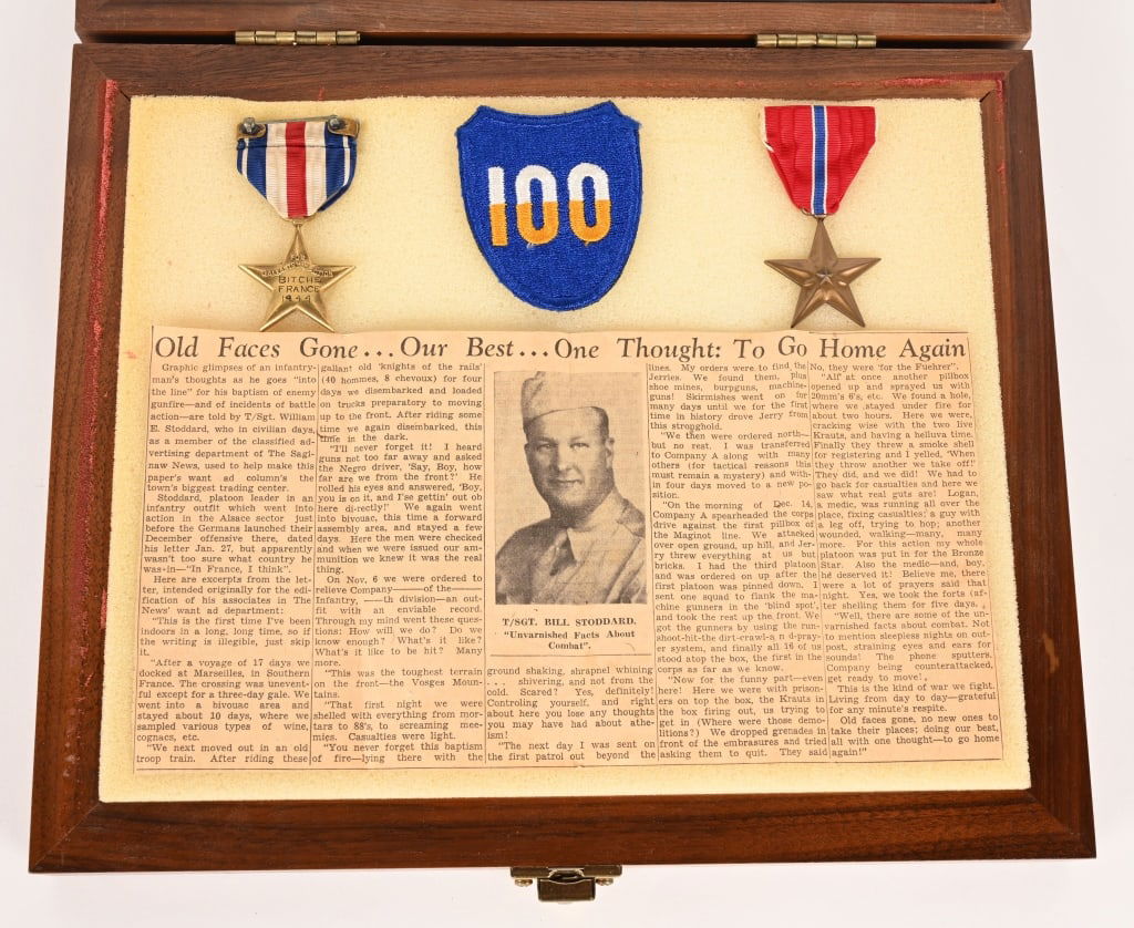 WWII US 100TH DIVISION SILVER STAR & BRONZE STAR: Lot of two US groupings to include 1) WWII US ARMY 100TH DIVISION SILVER STAR & BRONZE STAR GROUPING. Private engraved Silver Star that is a partial wrapped brooch and to the reverse is engraved BITCH