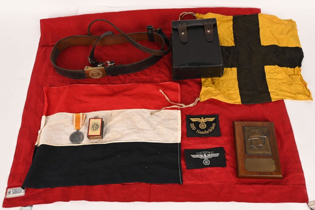 WWII NAZI GERMAN LOT MEDALS PLAQUE HJ POUCH WW2: Lot of Nazi German items to include 1) Reichsjugendwettkämpfe 1936 Sports medal of 2nd place prize for Weightlifting 2) NSKK Second Pattern Cap Eagle. A machine woven, second pattern (1939-45) NS