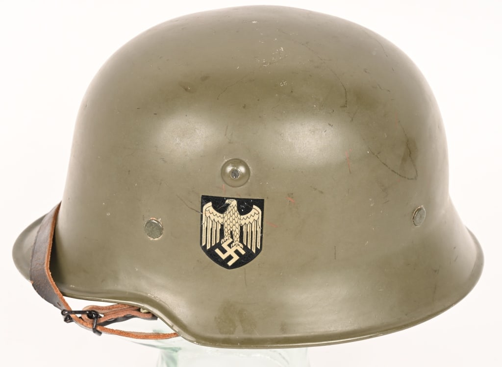 WWII NAZI GERMAN M36/38 PARADE DRESS ARMY HELMET: The aluminium parade helmet are always difficult to find in good clean condition, this example has nearly 100% of its paint finish remaining. The left side of the helmet has a Wehrmacht eagle shield d