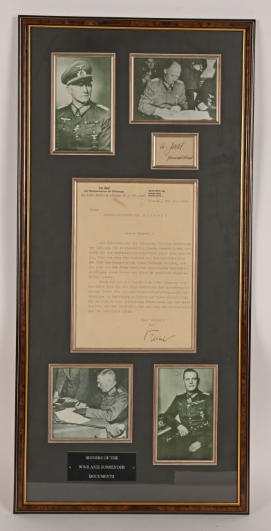 WWII NAZI SIGNED DOCUMENT BY WILHELM KEITEL & JODL: Beautifully Framed WWII NAzi German Signed Document with Signatures of Chief of the Wehrmacht High Command Wilhelm Keitel and Chief of the Operations Staff of the Wehrmacht High Command Alfred Jodl. T