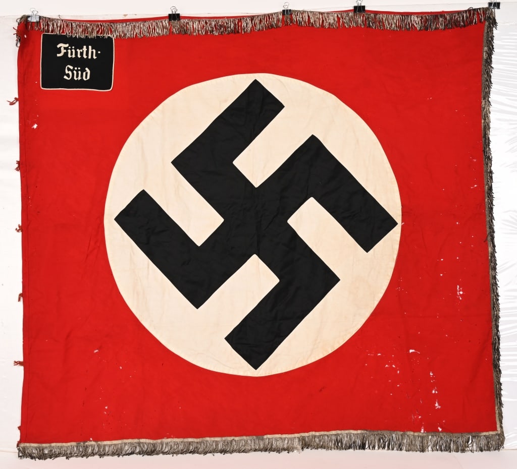 WWII NAZI GERMAN SA DISTRICT FLAG FÜRTH SÜD WW2: This is an extremely desirable SA Sturmfahne Flag for the District of Fürth Süd. The identity of the unit to which the flag belonged was determined by the rectangular patch that was sewn to
