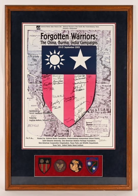 WWII US CBI SIGNED PRINT W ORIGINAL PATCHES WW2: Attractive CBI Print signed by Members of the CBI China Burma India members who fought with the Theater including Tex Hill of the Flying Tigers. The frame Measures 39 X 27 inches and at the botto