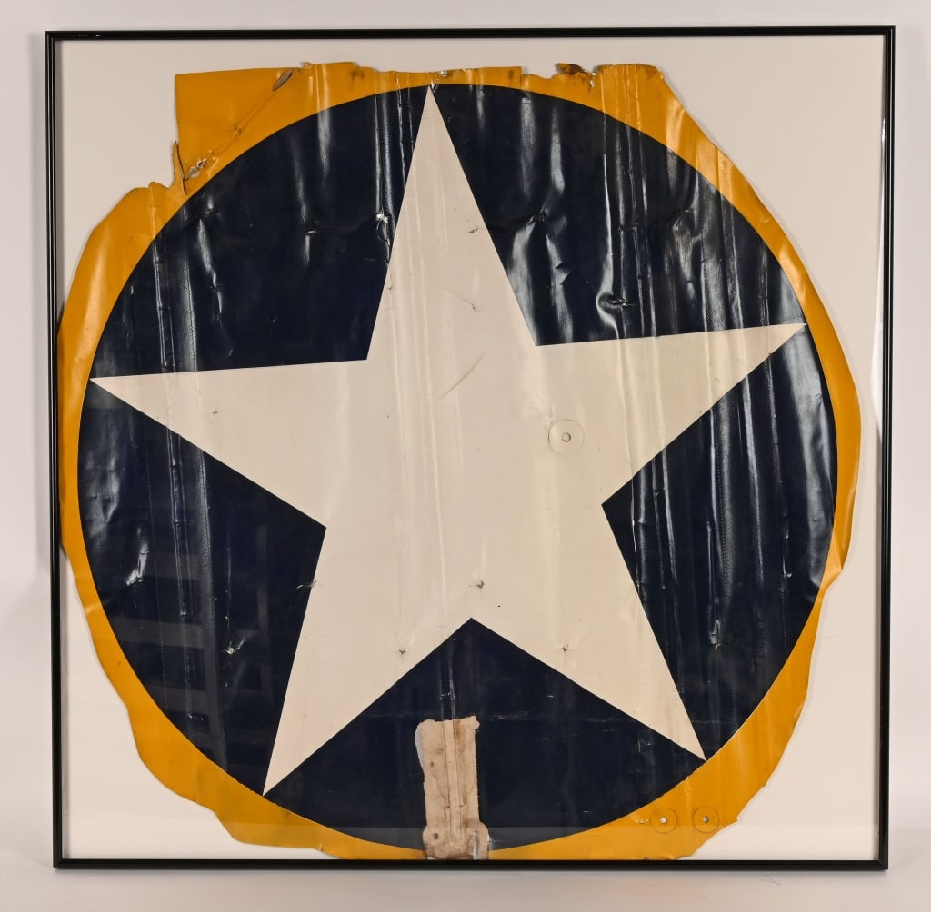 WWII US AIRPLANE FABRIC STAR FROM A TRAINER WW2: Impressive WWII US Airplane Fabric measuring roughly 31 inches in diameter with a yellow background indicating a training Aircraft. Most likely a Boeing N2S-1 Stearman. Excellent.