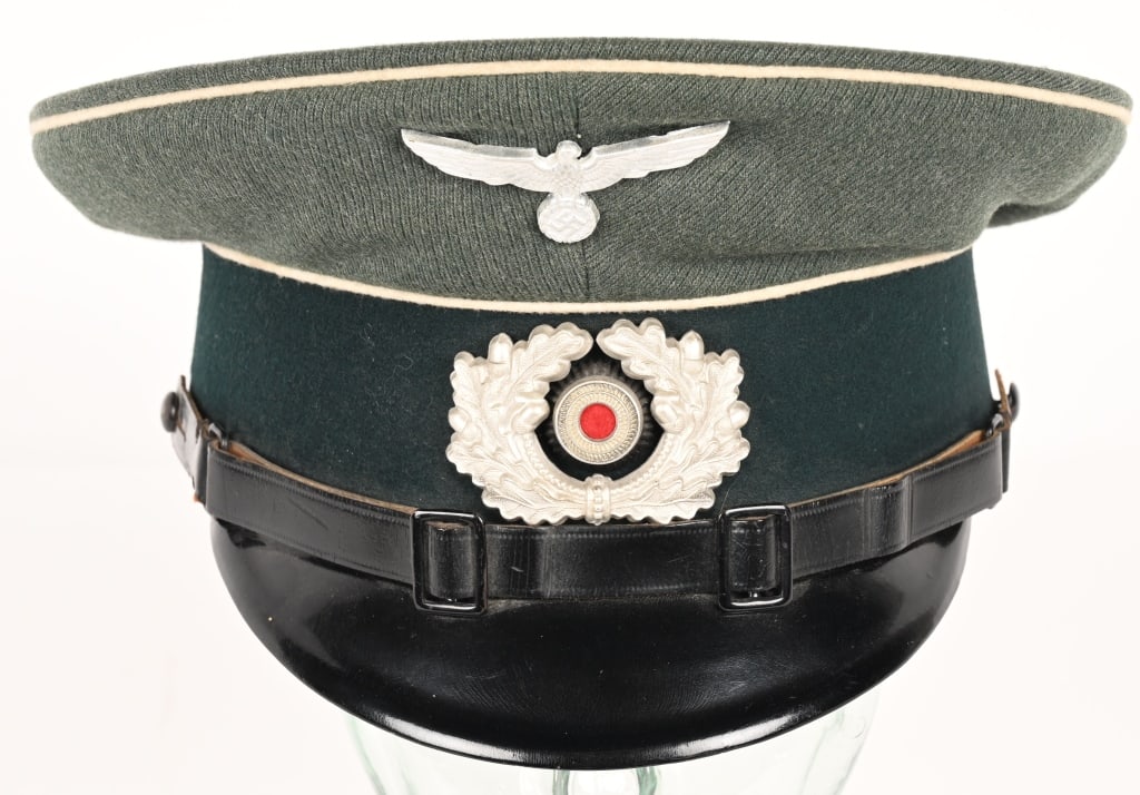 WWII NAZI GERMAN INFANTRY ENLISTED VISOR CAP WW2: Nice quality, visor cap with a field-gray wool body and crown and a blue/green badge cloth centerband with white wool waffenfarbe to crown edge and the top and bottom edges of the centerband. The fron