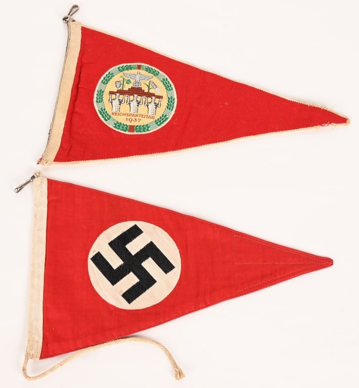 WWII NAZI GERMAN VEHICLE PENNANT LOT NURNBERG WW2: WWII Nazi German Vehicle Pennant lot to include 1) WWII NAZI GERMAN 1937 REICHSPARTEI TAG PENNANT WW2. A very nice and well-presented pennant for the 1937 Reichsparteitag in Nurnberg – The penna