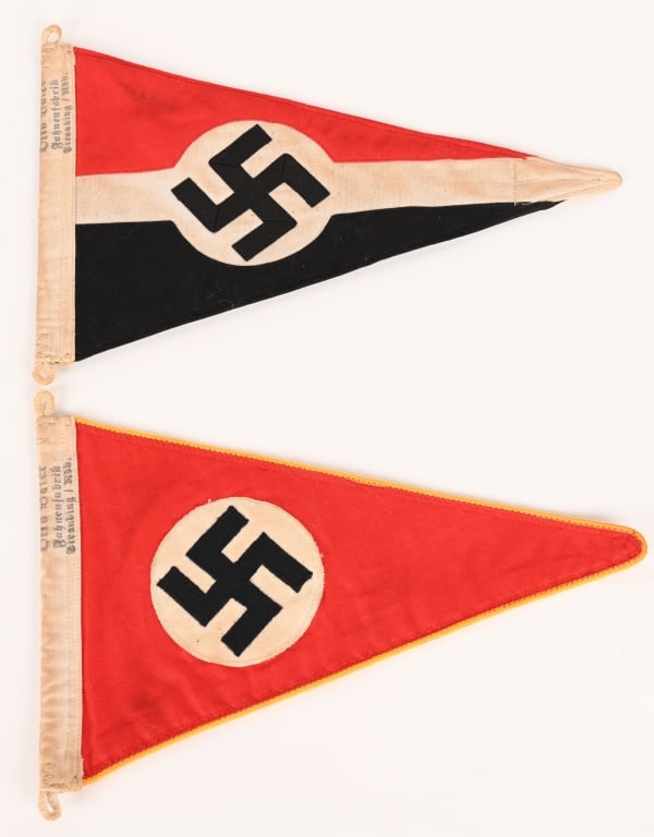 WWII WEIMAR PERIOD NAZI GERMAN CAR PENNANT LOT WW2: WWII Nazi German Vehicle Pennant lot to include 1) WWII WEIMAR PERIOD NAZI GERMAN CAR PENNANT WW2. An early cotton multi piece construction separately applied white disk with a multi piece black mobil