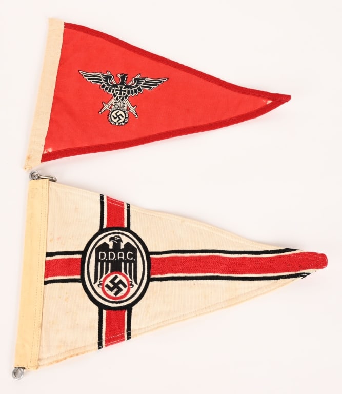 WWII NAZI GERMAN VEHICLE PENNANT LOT DDAC WW2: WWII Nazi German Vehicle Pennant lot to include 1) WWII NAZI GERMAN DDAC MEMBER'S VEHICLE PENNANT WW2. A linen construction pennant 31cm across with a 18cm tall hoist edge. chain stitched to both side
