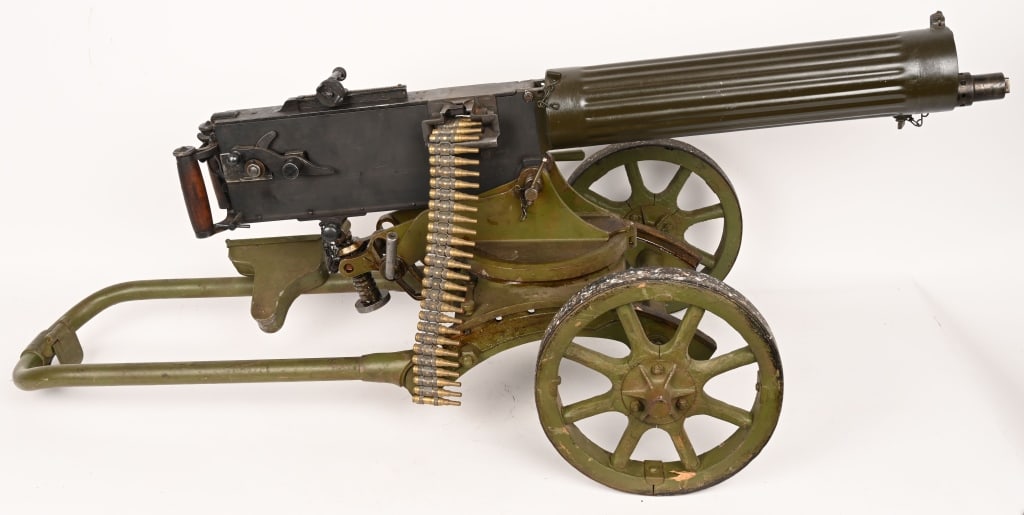 WWII RUSSIAN 1910 MAXIM DISPLAY GUN W MOUNT: Russian made M1910 Maxim machine gun deactivated and then built on a BATF approved dummy receiver. Most internal parts are present, with the bolt face welded, in addition to the barrel being plugged/w