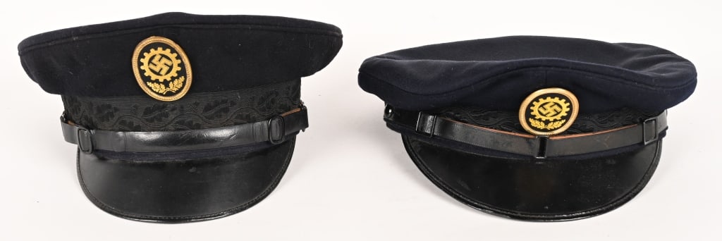 WWII NAZI GERMAN DAF VISOR HAT LOT WW2: WWII Nqazi German DAF Visor Hat lot to include 1) Original Nazi DAF "Deutsches Arbitfront" The national socialist trade union organization Visor Cap. Clean wool cap with correct metal and fabric badge