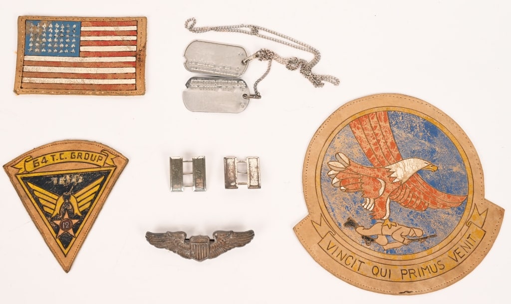 KOREAN WAR 64TH TROOP CARRIER GROUP PATCH LOT: Attractive, Korean War Troop Carrier Patch Grouping to include 1) Named Dog Tags that read: JACOBSEN, WILLARD, T AO 8766830 T-51 P 0 2) US 48 Star American Flag Shoulder Patch 3) 64th Troop Carrier Gr