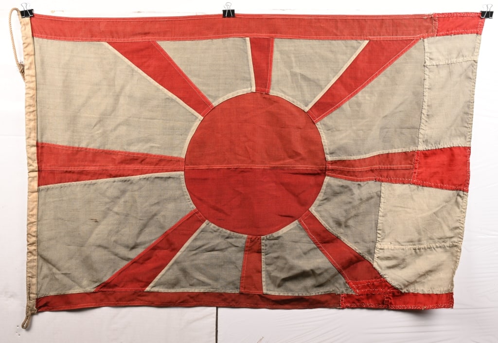 WWII IMPERIAL JAPANESE REAR ADMIRAL FLAG WW2: Japanese Rear Admiral rank flag -- distinguished as such by the large, thick red stripe across the top and bottom; Measures approximately 34" x 50" and appears to have been hand-sewn. Multi-piece cons