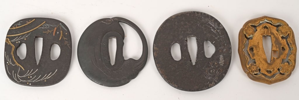 EARLY JAPANESE KATANA SWORD TSUBA SHIN GUNTO WWII: Lot of 4 Japanese Tsuba to include 3 early Tsuba, one with gold and Silver inlay and another that is signed. There are three iron Tsuba and one Shin Gunto Military Tsuba. Excellent.