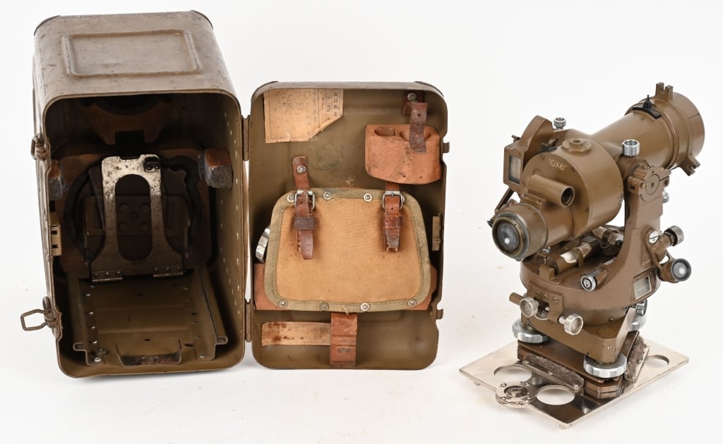WWII IMPERIAL JAPANESE 10X6 THEODOLITE TRANSIT: The case containing the optics set is approximately 9-1/2 inches wide by 9 inches tall by 5-1/2 inches deep. The Japanese Army Theodolite is a precision optical instrument used for laying out permanen