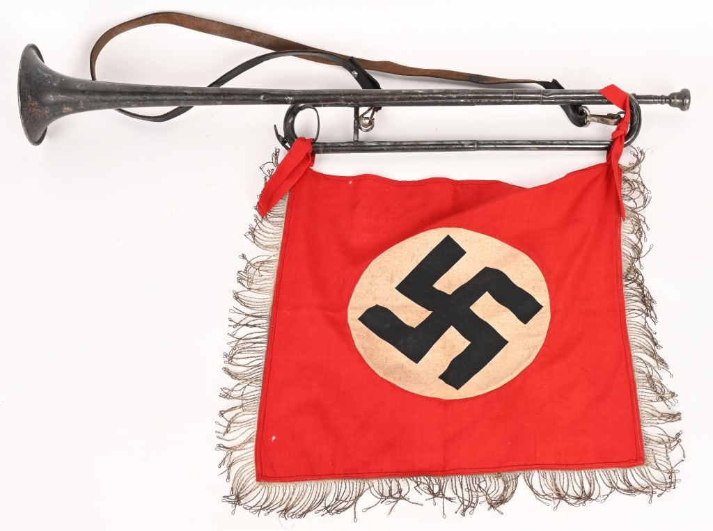 WWII NAZI GERMAN NSDAP TRUMPET W BANNER WW2: A silvered trumpet that measures approximately 30 inches long from the mouthpiece to the bell with the bell measuring approximately 4 3/4inches in diameter. The trumpet shows the expected age & use.