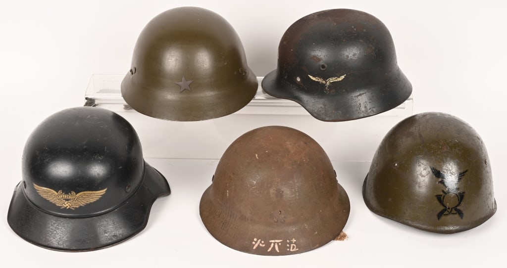 WWII IMPERIAL JAPANESE & NAZI GERMAN HELMET LOT: Lot of military headgear lot to include 1) WWII ITALIAN UNIT MARKED HELMET W LINER CHINSTRAP. Helmet model with unit insignia to the front in 80% light green color, good condition but shell has a