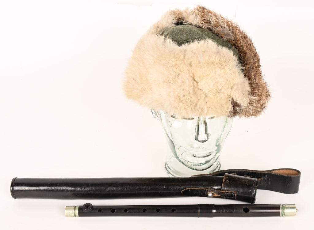 WWII NAZI GERMAN FIFE W CASE RARBBIT FUR CAP WW2: WWII Nazi German lot to include 1) WWII NAZI GERMAN CASED FIFE. Attractive wood fife with nickel silver fittings. Fife measures 14 1/2 inches and length and is in near mint condition and is housed in